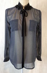 LOFT SHEER BLOUSE Long Sleeve XS NAVY BLUE Polka Dot Ruffle Collar Tie Neckline - Picture 1 of 11
