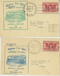 2 Postal HPO First Trip 1948 Baltimore MD & Washington DC  Highway Post Office - Picture 1 of 3