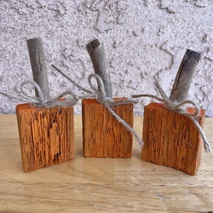 Set 3 PUMPKIN FIGURINES 4-4.5” Traditional Rustic Orange WOOD TWIGS TWINE Bows - Picture 1 of 12