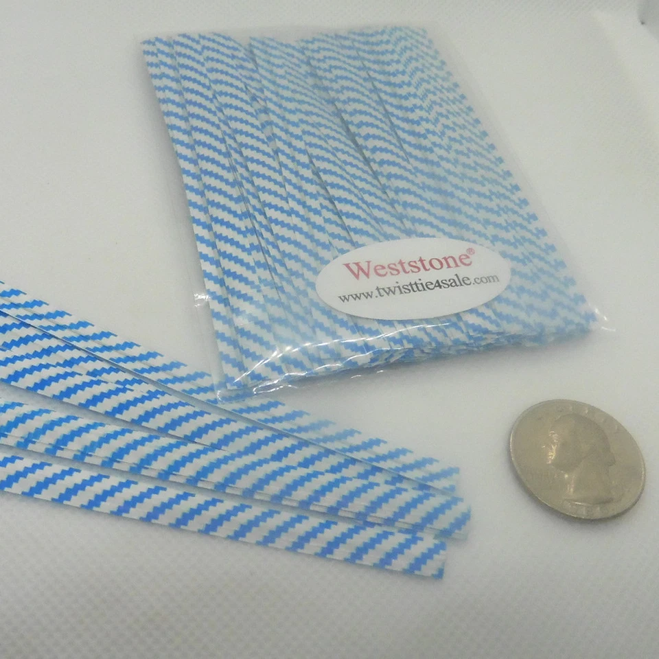 100pcs Plastic/Paper Blue Stripe 7" x 1/4" Twist Ties - won't rip or pull off - Image 1 of 1