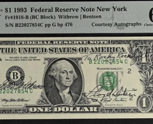 1993 $1 Federal Reserve Note - PMG 64EPQ - Dual Autograph - Withrow / Bentsen - Picture 1 of 3