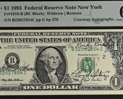 1993 $1 Federal Reserve Note - PMG 64EPQ - Dual Autograph - Withrow / Bentsen - Image 1 of 3