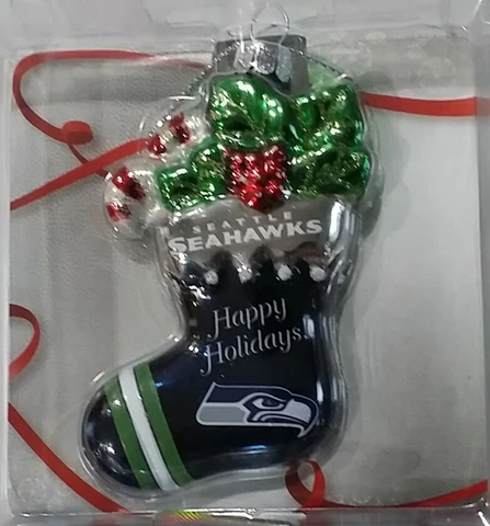 Seattle Seahawks Logo NFL Blown Glass Glitter Stocking Christmas Tree Ornament Cover