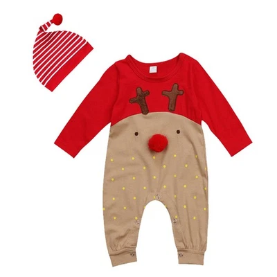  Newborn Baby Boys Girls Christmas Long Sleeve Red Nose Cartoon Reindeer Pajama - Image 1 of 4
