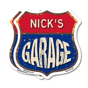 Nick's Garage Shield Shaped Sign Weather Resistant Crafted in the USA - Picture 1 of 41
