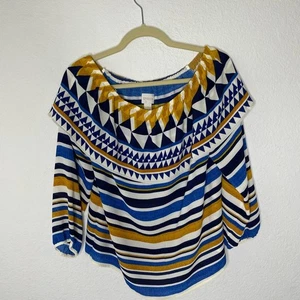 Chico’s Graphic Off-The-Shoulder Top Boho Triable Shirt STYLE: 570194876 medium - Picture 1 of 4