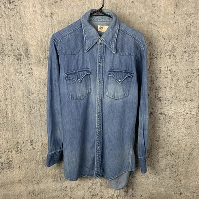Vintage Lee Pearl Snap Denim Shirt Medium Western Distressed Long Sleeve Men’s - Image 1 of 4
