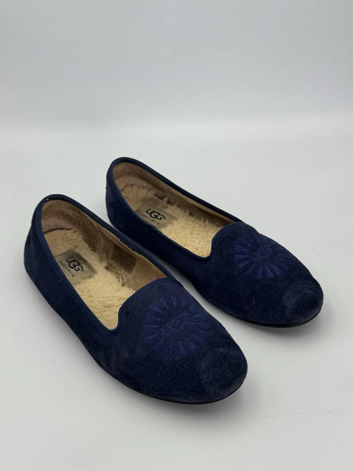 UGG Australia синий замшевый стриженный мех тапочки женщин 7 логотип вышитые плоскостях - Изображение 1 из 4