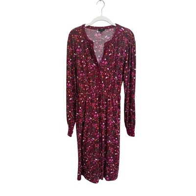 Talbots Burgundy Floral Long Sleeve Button Front Tie Waist Midi Dress Size Small - Image 1 of 4