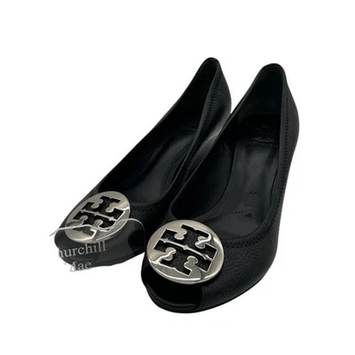 Tory Burch Sally Black Leather Peep Toe Silver Logo Heels Pumps Shoes Size 9.5 - Image 1 of 4