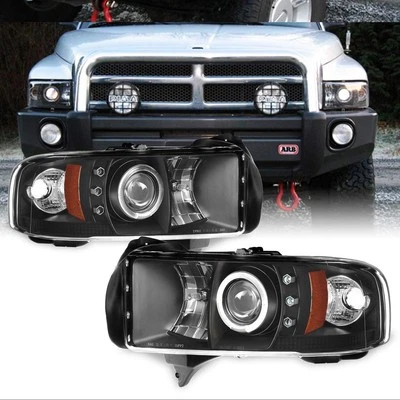 For 1994-2002 Dodge Ram 1500 2500 3500 Black Smoke Halo LED Projector Headlights - Image 1 of 4