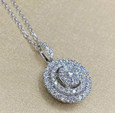 2 Ct Lab Diamond Double Halo Pendant Necklace 14K White Gold Filled Gift Box - Image 1 of 4