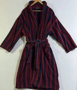 VTG Nautica Mens Heavy Terry Cloth Red Blue Stripe Bathrobe OS Pockets Cotton - Picture 1 of 5