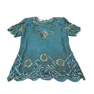 Vintage Lawrence Kazar Silk Beaded Sequin Top Women Green Floral Evening Size M - Picture 1 of 7