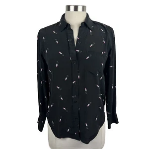 Rails Shirt XS Womens Black Kate Lipstick Print Silk Button Front Collared - Picture 1 of 9
