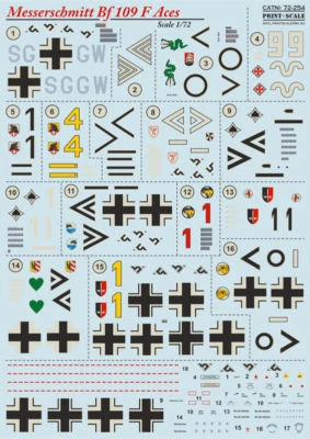 Decal for Messerschmitt Bf.109 F Aces, Aircraft scale 1/72 Print Scale 72-254 - Image 1 of 4