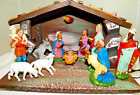 Vintage Italian 11-Piece Christmas Nativity Set w/ Creche & Working Light NICE