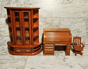 Vintage Toy Furniture Wood Showcase Cabinet / Plastic Roll Top Desk with Chair - Picture 1 of 9