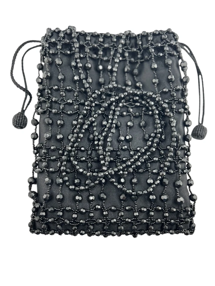 Bolsa de noite vintage preta com cordão de cetim com miçangas - Imagem 1 de 4