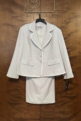 Le Suit Contrast Trim Blazer & Skirt Suit Set Womens Plus 24W White Checked NWT - Image 1 of 4