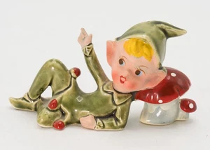Vtg Lefton 4193 Green Pixie Elf Leaning on Mushroom Japan Ceramic Figure - Picture 1 of 9