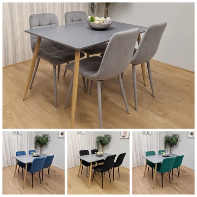 Grey Wood Dining Table Set with 4 Velvet Chairs Home Kitchen Furniture Set - Image 1 of 4