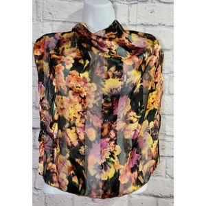 Sciarpa quadrata nera viola gialla stampa floreale trasparente leggera morbida - Foto 1 di 2