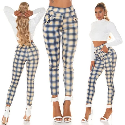 Koucla High Waist Skinny Pants Womens Leggings Treggings Plaid Pattern Blue L/XL - Image 1 of 4