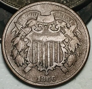 1866 Two Cent Piece 2C Ungraded Circulated US Copper Coin CC28137 - Picture 1 of 4