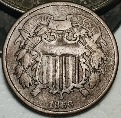 1866 Two Cent Piece 2C Ungraded Circulated US Copper Coin CC28137 - Image 1 of 4