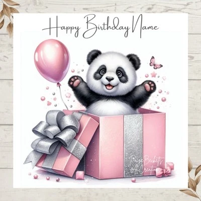 PAIGE BECKETT’S AI CREATIONS Personalised Cute Panda In Gift Box Birthday Greetings Card any name/age
