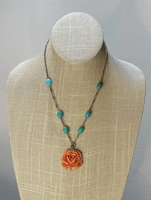 VTG Bakelite Coral Rose Pendant, Glass Turquoise Beads, 10" Brass Chain Necklace - Image 1 of 4