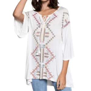 Top tunica POL bianco boho ricamato taglia large nuovo senza etichette - Foto 1 di 8