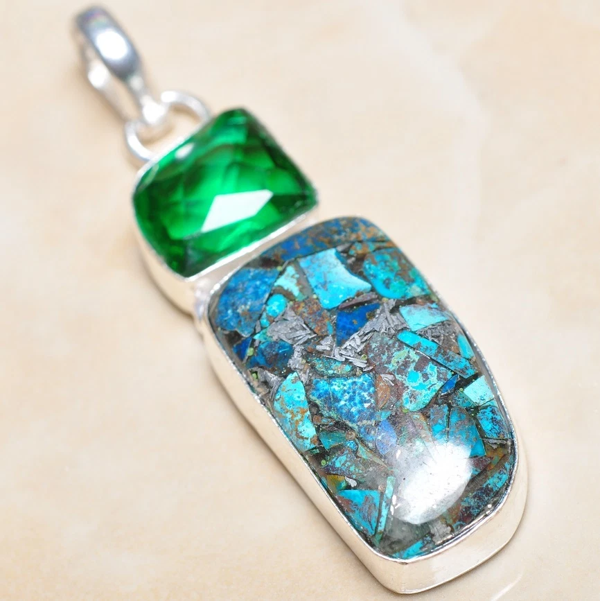 Handgefertigt Türkis Jaspis Edelstein 925 Sterling Silber Anhänger 2.5 " #P03266 - Bild 1 von 1