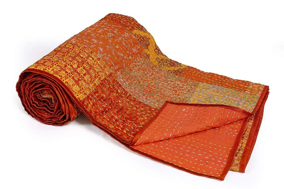Handmade Vintage Patchwork Silk Kantha Throw Bedspread Embroidery Kantha Quilt - Image 1 of 4