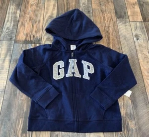 GAP Zip Up Hooded Sweatshirt Navy Blue Sparkle Polka Dot Logo Girls Nwt 5 Years - Picture 1 of 2