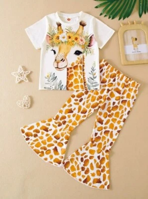 NUEVO Conjunto Conjunto Conjunto de Pantalones Campana Manga Corta Jirafa Niñas Foto 1 de 4