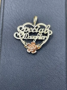 14 Kt Yellow Gold “Special Daughter “ heart Pendant W/ Pink Rose Gold Rose 1g - Picture 1 of 10