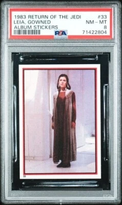 Pegatinas álbum Star Wars Return of the Jedi 1983 #33 propiedad de Leia PSA 8 casi nuevo-como nuevo Foto 1 de 2