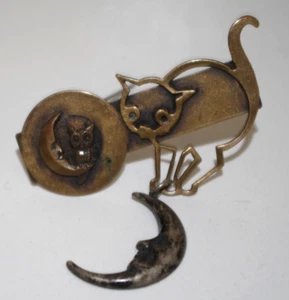 VINTAGE SUSAN RICHARDSON 1992 MOON OWL CAT PIN BROOCH & CAT DANGLER - Picture 1 of 7