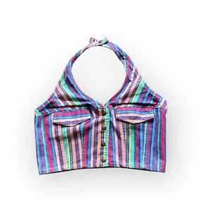 Vintage 90s PARIS BLUES Multi Colored Striped Halter Cropped Denim Shirt Size 9 - Picture 1 of 6
