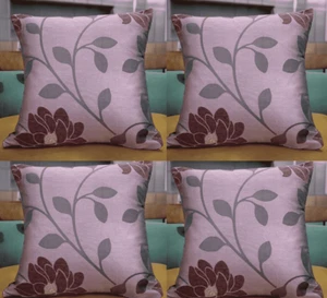 CUSHIONS Quality Purple - SET OF 4 FILLED Flower Shiny Silver Pistil 18x18"45cm - Picture 1 of 12