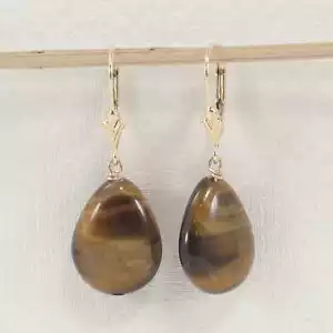 14k Yellow Solid Gold Lever Back Genuine Brown Tiger-Eye Dangle Earrings - Picture 1 of 6