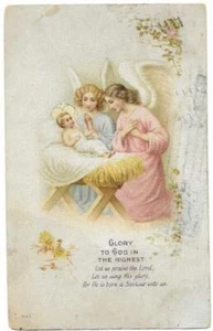 Vintage Christmas PC; Angels w/Baby Jesus in Manger w/Verse - Picture 1 of 1
