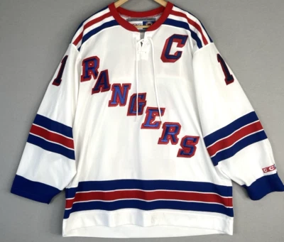Camiseta branca vintage licenciada pela NHL Mark Messier New York Rangers CCM tamanho grande - Imagem 1 de 4