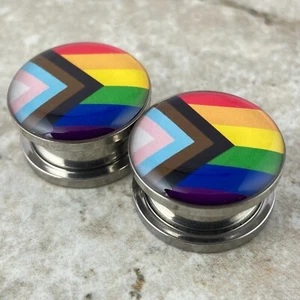 Pair of Screw on Progress Pride Picture Plugs gauges lgbt rainbow - Picture 1 of 2