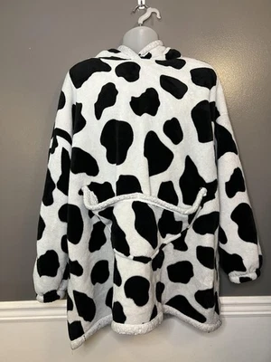 Cow Print Wearable Blanket Hoodie Womens Womens One Size Black White Sherpa Cozy - Image 1 of 4