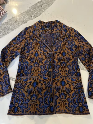 Перуанский Connection альпака шерсти свитер куртка маленький S коричневый синий дамасский трикотаж - Изображение 1 из 4