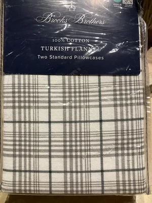 Brooks Brothers Log Cabin Standard Tan Plaid Pillowcases Cotton Turkish Flannel - Image 1 of 4