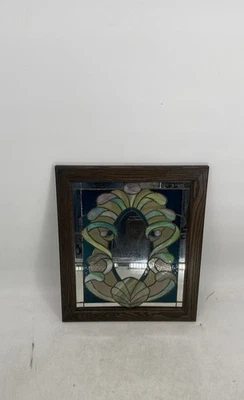 Espelho de destaque vintage inspirado em vitral Art Nouveau com moldura de madeira - Imagem 1 de 4